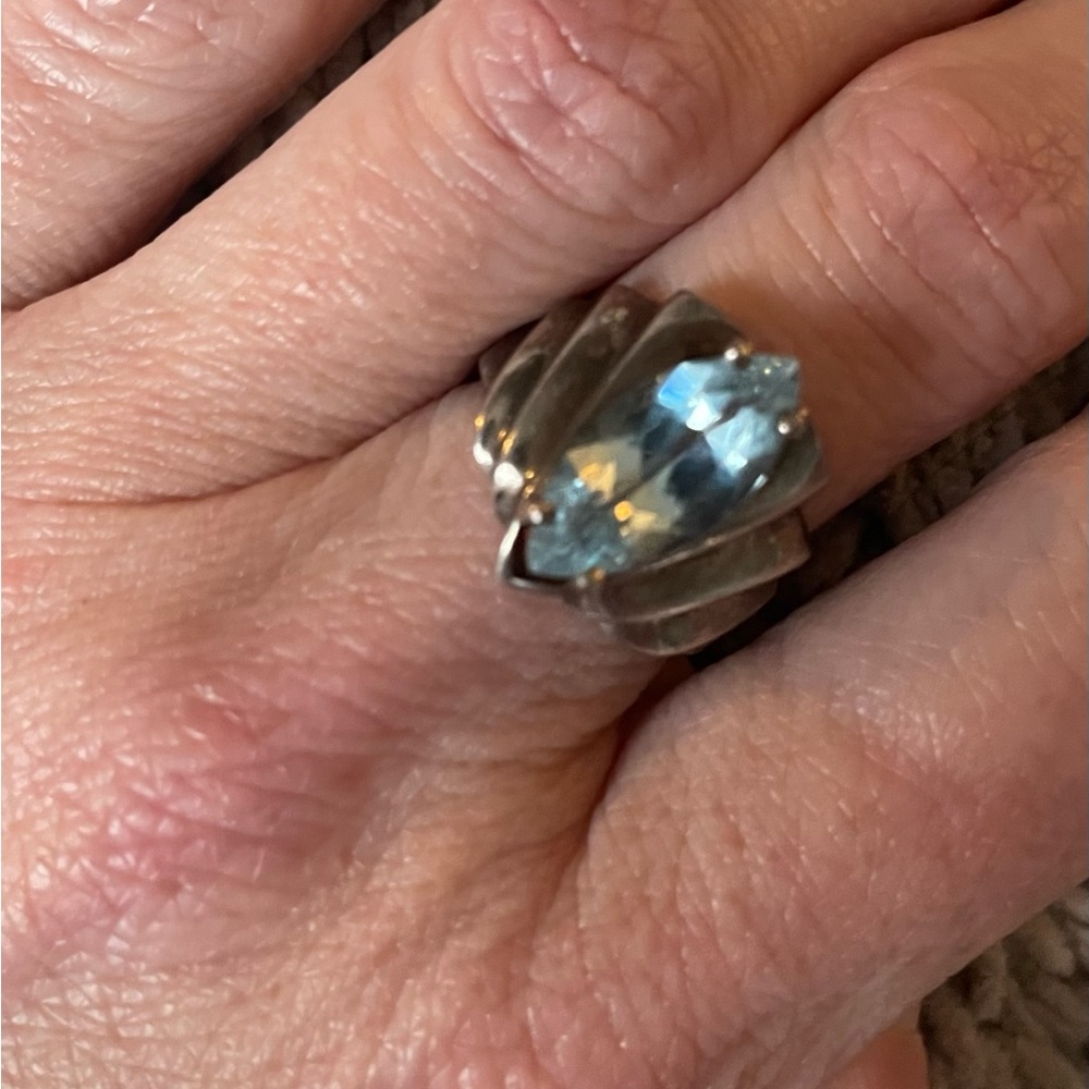 Sterling Silver Vintage Blue Topaz Marquise Ripple Ring